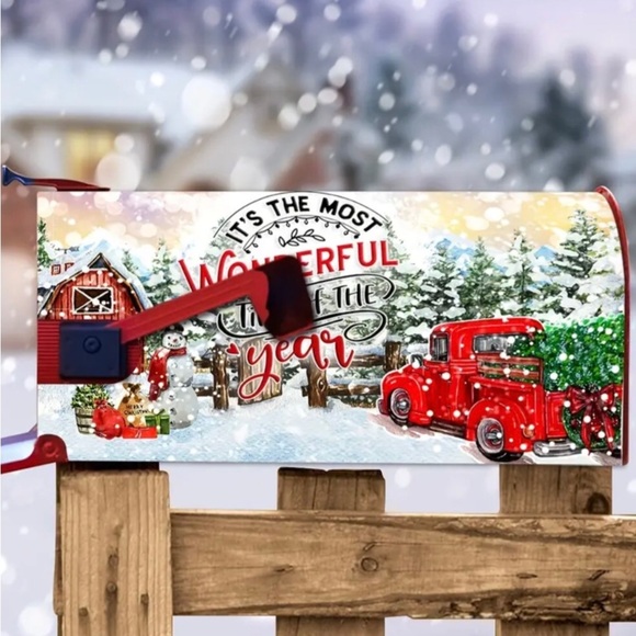 1pc Country Christmas Holiday Snowman Vintage Red Truck Mailbox Cover-Straps - Picture 3 of 11